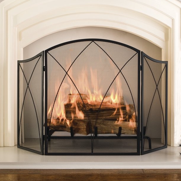 3-panel Arched Fireplace Mesh Screen Twisted Heavy-duty Steel-Fireplace Screens & Doors-AULEY