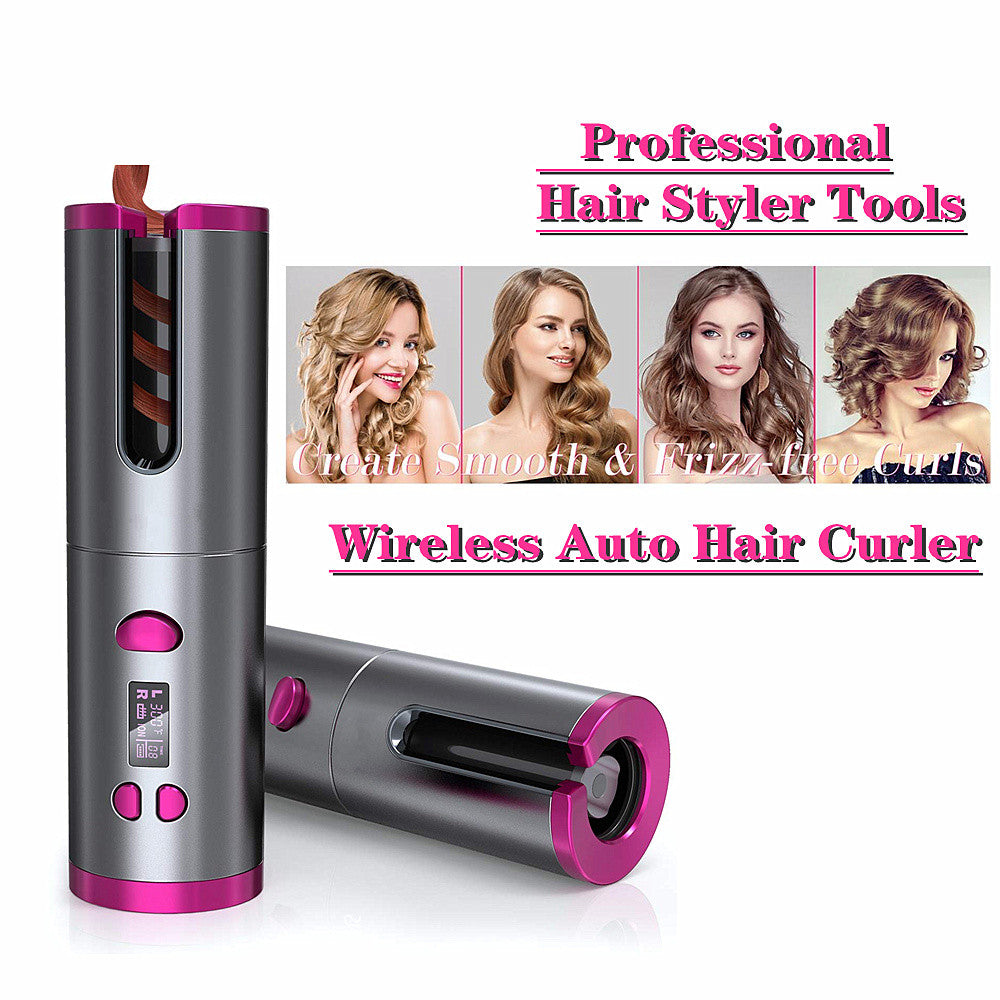 Cordless Auto Rotating Hair Curler Hair Waver Curling Iron Wireless LCD Ceramic-Straightening & Curling Irons-AULEY