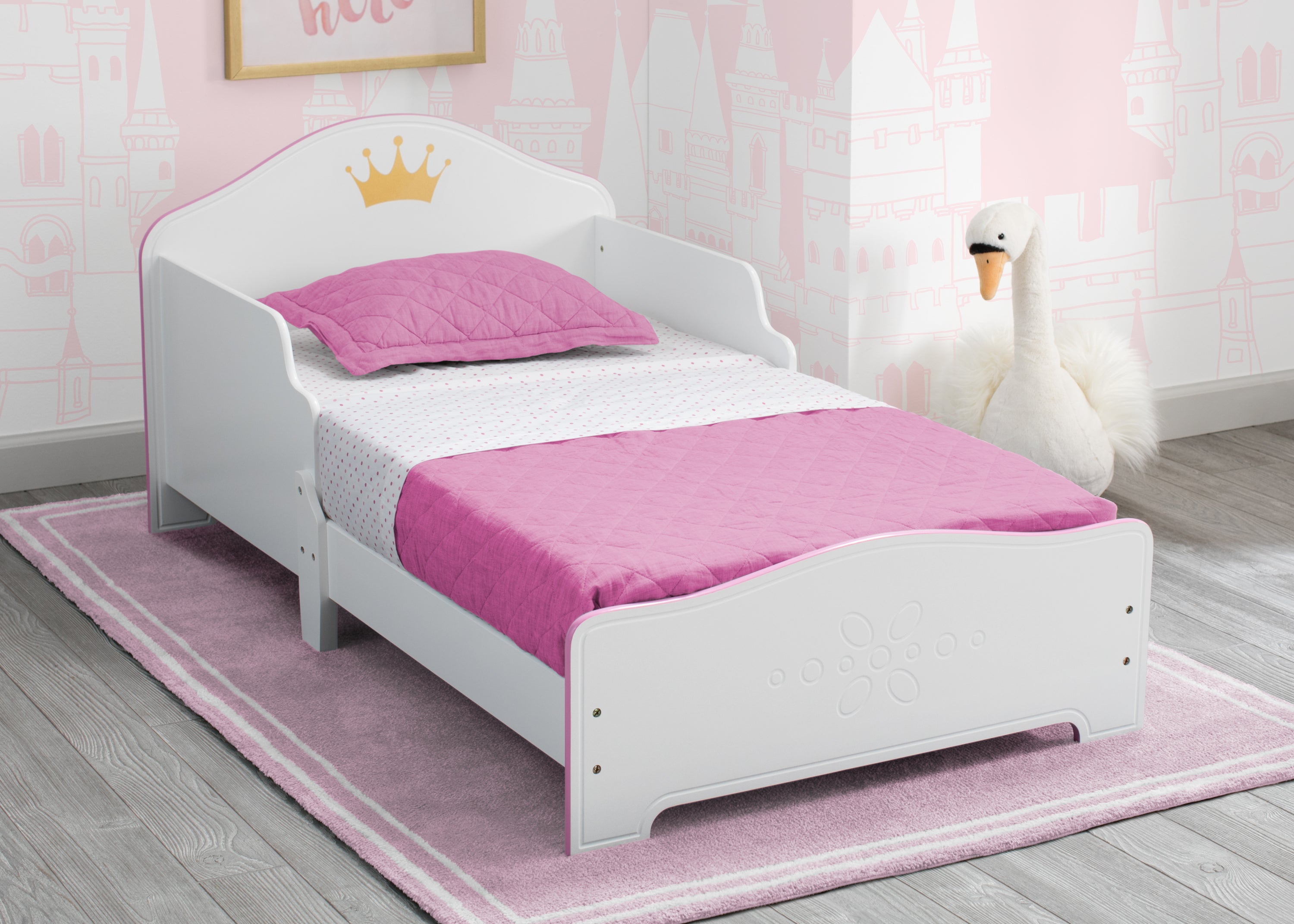 Delta Children Princess Crown Wood Toddler Bed, White/Pink-toddler girl bed-AULEY