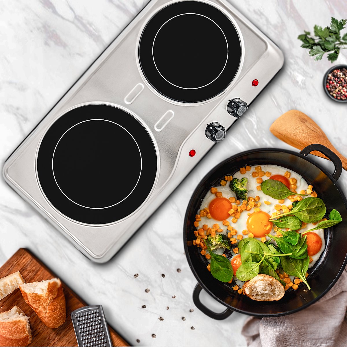 Electric Infrared Cooktop Burner Portable 2 Plate Countertop Cooking-Burners & Hot Plates-AULEY