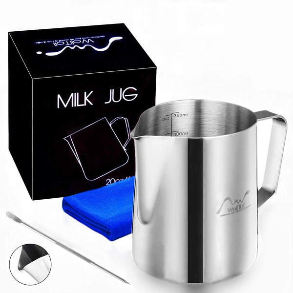 Milk Pitcher 12 Oz Frothering Cup Jug Stainless Steel Coffee Latte Craft Mug + Tools-Coffee, Tea & Espresso Accessories-AULEY