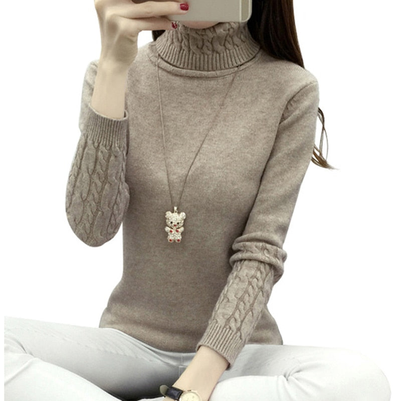 Turtleneck Knit Long Sleeve Cashmere Sweater-Pullovers-AULEY